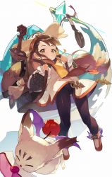 Rule 34 | 1girl, animal, armor, backpack, bag, black leggings, bow, brown bag, brown eyes, brown footwear, brown hair, clavat, closed eyes, closed mouth, crack, dress, final fantasy, final fantasy crystal chronicles, frying pan, full body, glint, hair bow, highres, leggings, letter, long hair, long hair clavat, moogle, orange bow, pouch, scabbard, sheath, sheathed, shield, shoes, short dress, simple background, smile, sword, vambraces, weapon, white background, white dress, white headwear, wind, wind lift, wings, yogurtbomb9