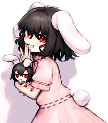 Rule 34 | 1girl, absurdres, animal ears, black hair, blush, character doll, commentary request, cowboy shot, doll, dress, floppy ears, fumo (doll), grin, hair between eyes, hand to own mouth, highres, holding, holding doll, inaba tewi, looking at viewer, medium bangs, natucurage, pink dress, puffy short sleeves, puffy sleeves, rabbit ears, rabbit girl, rabbit tail, red eyes, ribbon-trimmed dress, shadow, short hair, short sleeves, simple background, smile, solo, tail, touhou, white background