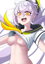 Rule 34 | 1girl, akaoni (zumt3548), azur lane, breasts, clothes lift, commentary request, hair between eyes, highres, looking at viewer, medium breasts, navel, neckerchief, nipples, open mouth, ponytail, sailor collar, shirt, shirt lift, short sleeves, silver hair, simple background, siren (azur lane), purifier (azur lane), smile, solo, stomach, teeth, tongue, upper body, upper teeth only, white background, white shirt, yellow neckerchief
