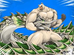 Rule 34 | alternate color, animal, battle, cat, commentary request, dinonix, dragon, epic, felyne, giant, headlock, monster hunter (series), muscular, no humans, oversized animal, raviente, tusks, wyrm