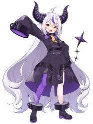 Rule 34 | 1girl, :d, black dress, black footwear, blush, braid, commentary request, demon horns, dress, full body, grey hair, highres, hololive, horns, la+ darknesss, la+ darknesss (1st costume), long hair, long sleeves, looking at viewer, mauve, multicolored hair, open mouth, purple hair, purple thighhighs, shoes, simple background, single thighhigh, sleeves past fingers, sleeves past wrists, smile, solo, standing, streaked hair, thighhighs, v-shaped eyebrows, very long hair, virtual youtuber, white background, wide sleeves, yellow eyes