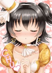 Rule 34 | 1girl, :o, akagi miria, black hair, blush, breasts, brown choker, brown dress, choker, closed eyes, collarbone, commentary request, dress, earrings, facing viewer, fingernails, floral print, hair between eyes, hairband, hands up, hat, headset, heart, heart background, highres, idolmaster, idolmaster cinderella girls, idolmaster cinderella girls starlight stage, jewelry, mini hat, mini top hat, own hands together, parted lips, print dress, puffy short sleeves, puffy sleeves, regular mow, ribbon, rose print, short sleeves, small breasts, solo, star (symbol), star earrings, tilted headwear, top hat, two side up, white hairband, white headwear, white ribbon