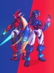 Rule 34 | 2boys, adapted costume, android, arm cannon, armor, blonde hair, blue armor, blue background, blue eyes, blue footwear, blue helmet, boots, character name, crotch plate, energy sword, forehead jewel, from behind, glowing, highres, holding, holding sword, holding weapon, long hair, looking at viewer, looking back, mechaklear, mega man (series), mega man zero (series), multiple boys, neon trim, red armor, red background, red footwear, red helmet, robot, sword, weapon, x (mega man), z saber, zero(z) (mega man), zero (mega man)