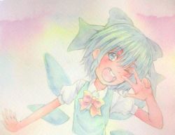 Rule 34 | 1girl, :d, acrylic paint (medium), blue eyes, blue hair, bow, cirno, graphite (medium), hair bow, ice, ice wings, matching hair/eyes, one eye closed, open mouth, painting (medium), short hair, smile, solo, teeth, touhou, traditional media, v, v over eye, watercolor (medium), wings, wink, yuyu (00365676)