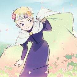 Rule 34 | 1boy, blonde hair, cape, closed mouth, commentary request, daida, day, flower, grass, hair flower, hair ornament, hand up, long sleeves, looking down, male focus, nikomi (nikomix), ousama ranking, outdoors, petals, pink flower, purple eyes, purple robe, robe, short hair, smile, solo, standing, white cape