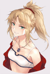 Rule 34 | 1girl, bandeau, bare shoulders, blonde hair, braid, breasts, collarbone, cropped torso, fate/apocrypha, fate (series), french braid, green eyes, grey background, grin, jacket, jewelry, kachi, looking at viewer, mordred (fate), mordred (fate/apocrypha), mordred (memories at trifas) (fate), necklace, ponytail, short hair, simple background, small breasts, smile, solo, tank top, upper body, v-shaped eyebrows