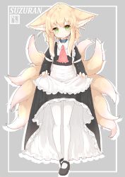 Rule 34 | 1girl, absurdres, animal ear fluff, animal ears, apron, apron lift, arknights, black dress, black footwear, blonde hair, braid, braided hair rings, character name, clothes lift, dress, dress lift, female focus, fox ears, fox tail, full body, green eyes, grey background, hair rings, highres, infection monitor (arknights), lifting own clothes, long hair, maid, mary janes, multiple tails, pantyhose, rano u rabe, shoes, simple background, solo, suzuran (arknights), tail, twin braids, twintails, white apron, white pantyhose