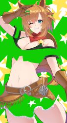 Rule 34 | 1girl, absurdres, animal ears, aqua eyes, arm strap, armpits, bandana, bare shoulders, blush, breasts, brown gloves, brown hair, cleavage, commentary request, cowboy hat, cowboy shot, gloves, gradient background, green skirt, grin, hair between eyes, hair ornament, hat, highres, holster, horse ears, horse girl, horse tail, large breasts, linea alba, looking at viewer, medium hair, midriff, navel, one eye closed, ponytail, red bandana, reibun (raven1119), simple background, skirt, smile, taiki shuttle (umamusume), tail, two-tone background, umamusume, weapon