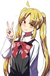 Rule 34 | 1girl, ahoge, blonde hair, bocchi the rock!, bow, bowtie, commentary, detached ahoge, dress, eyes visible through hair, highres, hinghoi, ijichi nijika, long hair, long sleeves, looking at viewer, orange eyes, parted bangs, pinafore dress, red bow, red bowtie, sidelocks, simple background, sleeveless, sleeveless dress, solo, v, white background