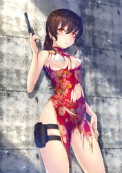 Rule 34 | 1girl, alternate costume, blush, breasts, brown hair, china dress, chinese clothes, cowboy shot, dress, floral print, gun, hair between eyes, holding, holding weapon, kantai collection, long hair, open mouth, orange eyes, red dress, ryu-akt, sleeveless, sleeveless dress, small breasts, solo, souya (kancolle), torn clothes, torn dress, weapon