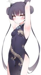 Rule 34 | 1girl, armpits, arms up, black dress, black gloves, black hair, blue archive, blush, breasts, butterfly hair ornament, china dress, chinese clothes, closed mouth, commentary, coqua, double bun, dragon print, dress, gloves, grey eyes, hair bun, hair ornament, highres, kisaki (blue archive), long hair, looking at viewer, sideboob, simple background, sleeveless, sleeveless dress, small breasts, solo, sweat, twintails, very long hair, white background