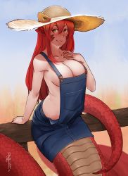 Rule 34 | 1girl, absurdres, animal ears, bare arms, bare shoulders, blue sky, blush, breasts, cleavage, closed mouth, commission, cowboy shot, day, dress, hair between eyes, hand on own chest, hat, hat pin, highres, lamia, large breasts, leaning on object, less, long hair, looking at viewer, miia (monster musume), monster girl, monster musume no iru nichijou, naked overalls, no bra, outdoors, overalls, pink lips, pointy ears, scales, signature, sitting, sky, smile, solo, straw hat, yellow eyes