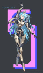Rule 34 | 1girl, absurdres, android, arms behind head, blue hair, commentary, commentary request, crossed legs, english commentary, extra arms, full body, grey background, highres, joints, crossed legs, light smile, long hair, looking at viewer, mixed-language commentary, original, piston, purple eyes, robot joints, simple background, solo, standing, ushas, very long hair, watson cross
