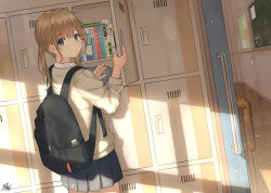 Rule 34 | 1girl, backpack, bag, blue eyes, blush, brown hair, brown sweater, chair, closed mouth, commentary request, desk, getabako, grey skirt, hair tie, hands up, indoors, long sleeves, looking at viewer, looking back, miko fly, original, pleated skirt, school chair, school desk, school uniform, sidelocks, skirt, smile, solo, sunlight, sweater, twintails, wooden floor