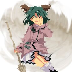 Rule 34 | 1girl, animal ears, bamboo broom, black footwear, broom, calling, clogs, coat, commentary request, dress, flat chest, frilled sleeves, frills, highres, holding, holding broom, kaigen 1025, kasodani kyouko, long sleeves, medium hair, no lineart, open mouth, pink coat, sketch, socks, solo, touhou, white dress, white socks