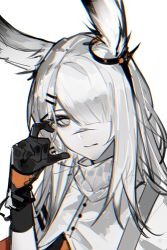 Rule 34 | 1girl, animal ears, arknights, black gloves, bright pupils, ear ornament, frostnova (arknights), gloves, grey eyes, hair ornament, hair over one eye, hairclip, hand up, highres, jacket, looking at viewer, one eye covered, rabbit ears, rabbit girl, realryo720, scar, scar on face, scar on nose, simple background, solo, upper body, white background, white jacket, white pupils