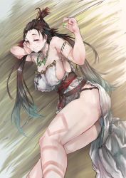 Rule 34 | 1girl, absurdres, bare shoulders, body markings, breasts, brown eyes, brown hair, dress, facial mark, fate/grand order, fate (series), forehead, forehead mark, highres, himiko (fate), kanehira (nowisima), large breasts, long hair, looking at viewer, lying, magatama, magatama necklace, necklace, no bra, no panties, on side, one eye closed, sash, side slit, sideboob, smile, thighs, topknot, twintails, white dress