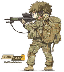 Rule 34 | 1girl, aiming, backpack, bag, belt, blonde hair, blue eyes, body armor, braid, brown gloves, camouflage, cargo pants, closed mouth, english text, full body, gloves, green hat, green jacket, green pants, gun, gun sling, hair tie, harness, hat, helmet, holding, holding gun, holding weapon, jacket, knee pads, l129a1, light frown, long sleeves, medium hair, military, military operator, original, pants, scope, simple background, single braid, solo, standing, tactical clothes, tanto (tc1995), union jack, utility belt, watch, weapon, white background, wristwatch