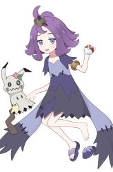 Rule 34 | 1girl, absurdres, acerola (pokemon), armlet, commentary request, creatures (company), dress, flip-flops, flipped hair, game freak, gen 7 pokemon, grey dress, hair ornament, hairclip, hand up, highres, holding, holding poke ball, medium hair, mimikyu, multicolored clothes, multicolored dress, nintendo, open mouth, paralier, poke ball, poke ball (basic), pokemon, pokemon (anime), pokemon sm (anime), purple eyes, purple hair, sandals, short sleeves, stitches, sweatdrop, toes, topknot, torn clothes, torn dress