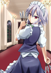 Rule 34 | 1girl, arm at side, arm up, between fingers, blue skirt, blue vest, braid, ceiling light, commentary request, cowboy shot, from behind, hair between eyes, hair ribbon, hallway, highres, holding, holding knife, indoors, izayoi sakuya, knife, looking at viewer, looking back, maid headdress, night, parted lips, partial commentary, puffy short sleeves, puffy sleeves, red carpet, red eyes, ribbon, shirt, short hair, short sleeves, silver hair, skirt, solo, standing, touhou, tress ribbon, twin braids, vest, white shirt, window, yasuu (ezuw3737)