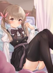 Rule 34 | bed, bed frame, bedroom, belt, black dress, black legwear, blush, brown eyes, brown ribbon, closed mouth, curtains, dress, feet out of frame, frills, hair ribbon, highres, holding, holding hair, indoors, light brown hair, long sleeves, medium hair, on bed, original, panties, pillow, pink curtains, pink ribbon, pleated dress, purple belt, ribbon, sitting, smile, star (symbol), thighhighs, thighs, toratora (nanahaba), twintails, underwear, white panties