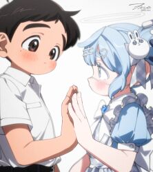 Rule 34 | 1boy, 1girl, ahoge, apron, back bow, belt, black belt, blue dress, blue eyes, blue hair, blue heart, blunt bangs, blurry, blurry background, blush, bow, bowtie, brooch, brown eyes, brown hair, closed mouth, collared shirt, colored eyelashes, cross hair ornament, double bun, dress, eyepatch, film grain, frilled apron, frills, hair bow, hair bun, hair ornament, hairclip, hairpin, halo, hand focus, hand to hand, heart, heart brooch, heart hair ornament, highres, jewelry, light blue hair, looking at another, maid apron, medical eyepatch, miharu (wolrero), mole, mole under eye, nichijou kamoshirenai, original, pill hair ornament, plaid, plaid apron, plaid bow, puffy short sleeves, puffy sleeves, rabbit hair ornament, shirt, short hair, short sleeves, sidelocks, signature, simple background, sora (wolrero), thick eyebrows, twitter username, upper body, white background, white bow, white bowtie, white halo, white shirt, wolrero