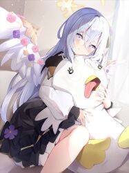 Rule 34 | 1girl, absurdres, angel wings, azusa (blue archive), black skirt, blue archive, hugging doll, flower, grey hair, halo, highres, long hair, hugging object, peroro (blue archive), purple eyes, skirt, smile, stuffed animal, stuffed toy, tongue, tongue out, wings, yamada auto