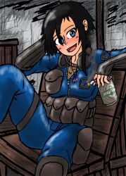 Rule 34 | 1girl, black hair, blue eyes, can, cigarette, highres, knee pads, open mouth, pouch, stalker (game)