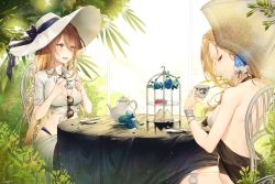 Rule 34 | 2girls, alternate costume, azur lane, bangle, bare shoulders, bikini, blonde hair, blue eyes, blue flower, blue rose, blush, bracelet, breasts, brown hair, bush, cleavage, closed mouth, collared shirt, crossover, cup, day, flower, girls&#039; frontline, green eyes, greenhouse, hair flower, hair ornament, hair up, half-closed eyes, hat, highleg, highleg bikini, highres, holding, holding cup, hood (azur lane), hood (lady of the shining sun) (azur lane), ia (ias1010), indoors, jewelry, large breasts, light particles, long hair, looking at another, looking at viewer, looking back, medium breasts, multiple girls, o-ring, o-ring top, official alternate costume, open mouth, rose, saucer, shirt, shoulder blades, sidelocks, sitting, skindentation, sleeves rolled up, smile, spoon, springfield (girls&#039; frontline), springfield (stirring mermaid) (girls&#039; frontline), sun hat, sunlight, sweat, swimsuit, teacup, teapot, umbrella, very long hair, water drop, white shirt