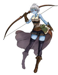 Rule 34 | 1girl, :d, bare shoulders, belt, blue skin, boots, bow (weapon), brown gloves, colored skin, fantasy, full body, gloves, highres, looking at viewer, open mouth, original, pointy ears, red eyes, short hair, shorts, smile, solo, thighhighs, waist cape, weapon, white background, white hair, yanagisawa (medakokoro)