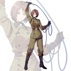 Rule 34 | 1girl, absurdres, armlet, black872233196, black choker, black footwear, black gloves, bracelet, brown hair, buttons, choker, double-breasted, elbow gloves, full body, gloves, highres, holding, holding whip, jewelry, kuromorimine military uniform, looking at viewer, military uniform, parted lips, short hair, solo, standing, the king of fighters, the king of fighters xv, uniform, whip, whip (kof), zoom layer