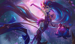 Rule 34 | 1boy, 2girls, absurdly long hair, bare shoulders, blue eyes, blue hair, blurry, blurry background, boots, brooch, closed mouth, commentary, dress, elbow gloves, english commentary, floating hair, glitter, gloves, glowing, glowing eye, hair ornament, heterochromia, izaskun, jewelry, league of legends, long hair, looking at viewer, magic, multicolored clothes, multicolored gloves, multicolored hair, multiple girls, official art, outdoors, outstretched arms, pink eyes, pink gemstone, purple dress, purple hair, purple lips, purple skirt, rakan (league of legends), skirt, smile, solo focus, stairs, star (symbol), star brooch, star guardian (league of legends), star guardian pet, star guardian rakan, star guardian xayah, star guardian zoe, star hair ornament, star in eye, symbol in eye, thighhighs, v-shaped eyebrows, very long hair, walking, white thighhighs, xayah, zoe (league of legends)