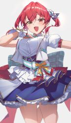 Rule 34 | 1girl, absurdres, blue dress, blush, breasts, collared shirt, cowboy shot, dress, hair ribbon, heterochromia, highres, hololive, houshou marine, idol, jacket, jumping, large breasts, looking at viewer, midair, red eyes, reulem, ribbon, shirt, short sleeves, simple background, solo, twintails, virtual youtuber, white background, white jacket, white shirt, yellow eyes