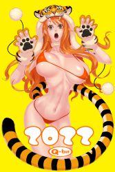 Rule 34 | 1girl, 2022, animal hands, animal hood, bikini, blush, breasts, chinese zodiac, cowboy shot, facing viewer, fingerless gloves, gloves, highres, hood, large breasts, long hair, nami (one piece), navel, nengajou, new year, one piece, open mouth, orange hair, paw pose, q-bit, red bikini, solo, swimsuit, tail, tattoo, tiger hood, tiger paws, tiger tail, unaligned breasts, year of the tiger, yellow background