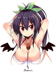 Rule 34 | 1girl, alternate costume, alternate hairstyle, armpits, arms up, black hair, black wings, breasts, cleavage, detached wings, female focus, hair ornament, hair ribbon, highres, jewelry, large breasts, long hair, looking at viewer, maturiuta sorato, necklace, ponytail, red eyes, reiuji utsuho, ribbon, simple background, sleeveless, smile, solo, sparkle, third eye, touhou, twitter username, upper body, white background, wings