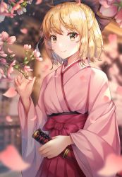 Rule 34 | 1girl, arin (wda4167), black bow, blonde hair, blurry, blurry foreground, blush, bow, cherry blossoms, closed mouth, commentary, day, depth of field, fate (series), hair bow, hakama, hakama skirt, half updo, highres, japanese clothes, kimono, koha-ace, long sleeves, looking at viewer, okita souji (fate), okita souji (koha-ace), outdoors, petals, pink hakama, pink kimono, sheath, sheathed, short hair, signature, skirt, smile, solo, star (symbol), star in eye, sword, symbol in eye, tareme, weapon, wide sleeves, yellow eyes