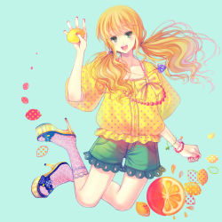 Rule 34 | 1girl, anko kinako, blonde hair, bow, bracelet, clogs, flower, food, fruit, green eyes, hair flower, hair ornament, high heels, holding, holding food, holding fruit, jewelry, legs, lemon, long hair, md5 mismatch, nail polish, original, pendant, pink nails, resolution mismatch, shoes, shorts, smile, socks, solo, source smaller, twintails