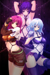 Rule 34 | 3girls, ahoge, assassin, assassin (ragnarok online), bdsm, blacksmith, blacksmith (ragnarok online), bondage, bound, breasts, crotch rope, covered erect nipples, highres, hunter, hunter (ragnarok online), large breasts, medium breasts, multiple girls, nipples, open clothes, purple hair, ragnarok online, red hair, shibari, shibari over clothes, thighhighs, torn clothes, toujou akira, white hair