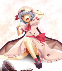 Rule 34 | 1girl, bad id, bad pixiv id, blue hair, blush, bowl, chocolate, chocolate making, fangs, female focus, hat, mixing bowl, one eye closed, open mouth, red eyes, remilia scarlet, shoes, solo, spill, touhou, tsuchifumazu