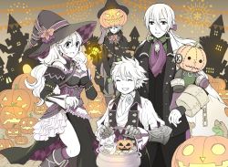 Rule 34 | 1girl, 3boys, alicest0113, bad id, bad twitter id, corrin (female) (fire emblem), corrin (fire emblem), cup, dwyer (fire emblem), european clothes, father and son, fingerless gloves, fire emblem, fire emblem fates, gloves, hat, jack-o&#039;-lantern, jakob (fire emblem), kana (fire emblem), kana (male) (fire emblem), long hair, looking at viewer, mother and son, multiple boys, multiple girls, nintendo, ponytail, smile, teacup, teapot, white hair, witch hat
