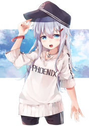 Rule 34 | 1girl, alternate costume, anchor necklace, black hat, blue eyes, blue sky, bracelet, clothes writing, cloud, commentary request, cowboy shot, cropped legs, flat cap, hat, hibiki (kancolle), highres, hood, hooded sweater, hoodie, jewelry, kantai collection, long hair, looking at viewer, necklace, silver hair, sky, solo, sweater, taisho (gumiyuki), white sweater