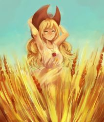 Rule 34 | 1girl, absurdres, apple, applejack, artist request, bad deviantart id, bad id, blonde hair, cowboy hat, food, freckles, fruit, hat, highres, my little pony, my little pony: friendship is magic, solo, wheat, yellow eyes