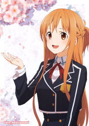 Rule 34 | 1girl, :d, absurdres, aco (bearchannel), asuna (sao), black jacket, braid, brown eyes, brown hair, cherry blossoms, collared shirt, dress shirt, flower, highres, jacket, long hair, long sleeves, neck ribbon, open mouth, pink flower, red ribbon, ribbon, school uniform, shirt, smile, solo, sword art online, twitter username, very long hair, white shirt, wing collar
