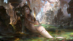 Rule 34 | 1girl, amulet, arch, arched back, artist name, blonde hair, breasts, building, crown, green eyes, guangjian huang, highres, hip bones, holding, long hair, looking at viewer, navel, nude, original, ornament, outdoors, parted lips, partially submerged, pasties, petals, river, rock, ruins, solo, thighlet, treasure chest, vase, water, waterfall, watermark, web address