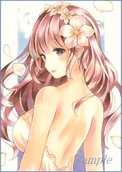 Rule 34 | 1girl, bad id, bad pixiv id, bare shoulders, blue border, blush, border, breasts, colored pencil (medium), flower, from behind, large breasts, long hair, looking at viewer, looking back, marker (medium), multicolored eyes, open mouth, original, pink hair, potto, sample watermark, solo, traditional media, upper body, watermark