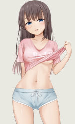 Rule 34 | 1girl, :p, arm behind back, blue eyes, blue shorts, breasts, brown hair, clothes lift, clothes writing, collarbone, cowboy shot, grey background, highres, lifting own clothes, long hair, medium breasts, miel (lessontome), navel, no bra, original, pink shirt, shirt, shirt lift, short shorts, short sleeves, shorts, simple background, smile, solo, stomach, straight hair, tongue, tongue out, underboob