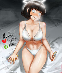 Rule 34 | 1girl, absurdres, arms at sides, azazel (helltaker), bed sheet, black hair, blue eyes, blunt bangs, blush, bob cut, bra, breasts, bright pupils, cleavage, collarbone, commentary, cowboy shot, crossed legs, embarrassed, english commentary, english text, excited, from above, gloves, gradient background, grey background, hair ribbon, hairband, halo, head tilt, heart, helltaker, highres, holding, holding pen, khester824, large breasts, left-handed, like and retweet, looking at viewer, looking down, meme, navel, nervous, nose blush, notebook, on bed, panties, parted lips, pen, pillow, raised eyebrows, ribbon, short hair, sidelocks, sitting, smile, solo, sweat, nervous sweating, thigh gap, thighs, twitter strip game (meme), underwear, underwear only, white bra, white hairband, white panties, white pupils, white ribbon