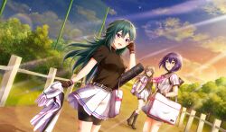 Rule 34 | 3girls, :d, bag, black footwear, black skirt, blue hair, blurry, bush, cinderella series, cloud, dark blue hair, depth of field, dutch angle, evening, film grain, game cg, green hair, hachigatsu no cinderella nine, hair between eyes, hand in own hair, highres, hiiragi kotoha, holding, holding bag, holding shirt, holding unworn clothes, lens flare, light particles, light rays, long hair, looking at viewer, multiple girls, no eyewear, non-web source, official art, open clothes, open mouth, open shirt, purple eyes, sakagami mei, shiina yukari (hachigatsu no cinderella nine), shirt, short hair, shoulder bag, skirt, sky, smile, sparkle, standing, sunbeam, sunlight, tree, unworn shirt, white bag, yellow eyes