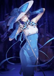 Rule 34 | 1girl, 2others, bandana, blue bandana, blue gloves, blue skirt, buttons, closed mouth, double-breasted, gloves, grey eyes, hands up, hat, high-waist skirt, highres, kaoming, light censor, long skirt, looking at viewer, microphone, microphone stand, multiple others, nanjou ao, original, purple hair, shirt, skirt, sleeveless, sleeveless shirt, smile, solo focus, standing, virtual youtuber, white shirt