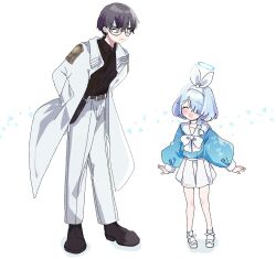 Rule 34 | 1boy, 1girl, arona (blue archive), black-framed eyewear, black shirt, blue archive, blue hair, blue serafuku, blush stickers, bow, bow hairband, bowtie, brown footwear, coat, full body, grey eyes, grey hair, hairband, halo, hands in pockets, highres, long sleeves, looking at another, open clothes, open coat, open mouth, pants, problem solver sensei (blue archive), sailor collar, school uniform, sensei (blue archive), serafuku, shirt, shirt tucked in, short hair, simple background, skirt, smile, tanikomotimoti, white background, white bow, white bowtie, white coat, white footwear, white hairband, white pants, white sailor collar, white skirt